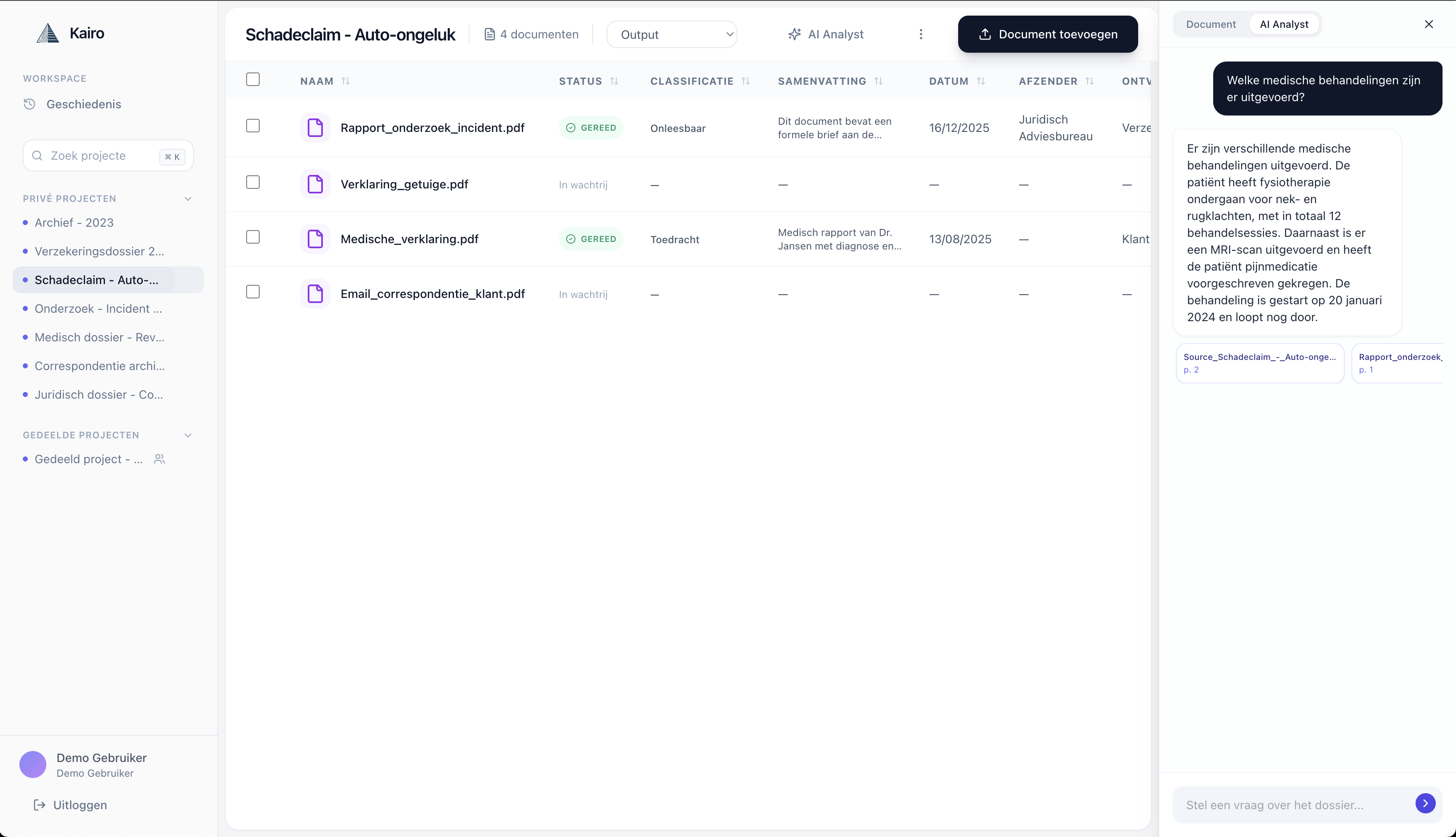 Kairo dashboard — gesplitste PDF-secties met titels en classificaties