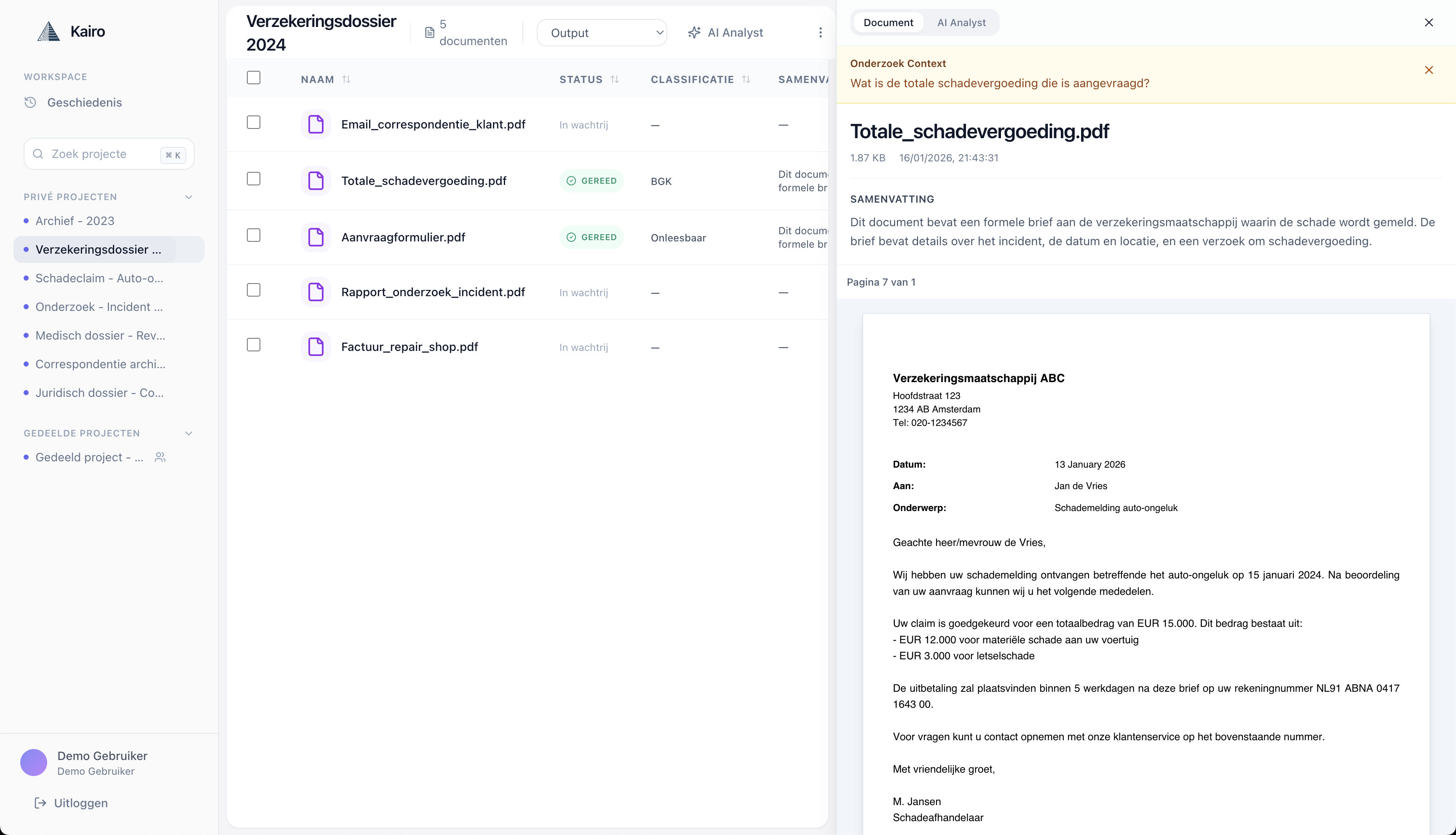Documentoverzicht en analyse-interface